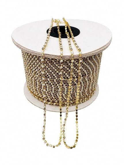 Rhinestone cup chain cream pearl & Emerald Golden, crystal brass catcher chain 2 mm size,Craft Embellishment for Jewellery Making and Decoration (5 meter)